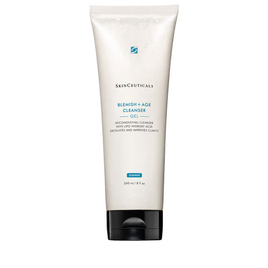 SkinCeuticals Blemish and Age Cleanser is a targeted exfoliating gel cleanser featuring a conditioning surfactant and a 12% concentration combining lipo-hydroxy acid (LHA), glycolic acid , salicylic acid, glycerin, and sorbitol, to remove excess oils and makeup, while decongesting pores and brightening skin.
Formulated for ageing skin prone to breakouts, this deep cleansing gel gently refines the visible appearance of congested pores and helps reduce blemishes without drying the skin.
