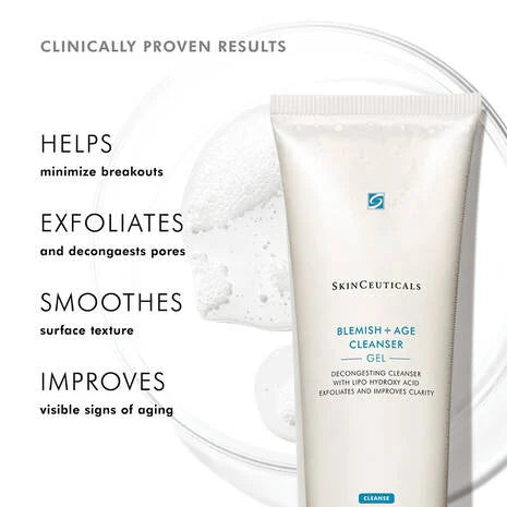 SkinCeuticals Blemish and Age Cleanser is a targeted exfoliating gel cleanser featuring a conditioning surfactant and a 12% concentration combining lipo-hydroxy acid (LHA), glycolic acid , salicylic acid, glycerin, and sorbitol, to remove excess oils and makeup, while decongesting pores and brightening skin.
Formulated for ageing skin prone to breakouts, this deep cleansing gel gently refines the visible appearance of congested pores and helps reduce blemishes without drying the skin.