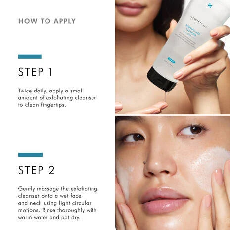 SkinCeuticals Blemish and Age Cleanser is a targeted exfoliating gel cleanser featuring a conditioning surfactant and a 12% concentration combining lipo-hydroxy acid (LHA), glycolic acid , salicylic acid, glycerin, and sorbitol, to remove excess oils and makeup, while decongesting pores and brightening skin.
Formulated for ageing skin prone to breakouts, this deep cleansing gel gently refines the visible appearance of congested pores and helps reduce blemishes without drying the skin.