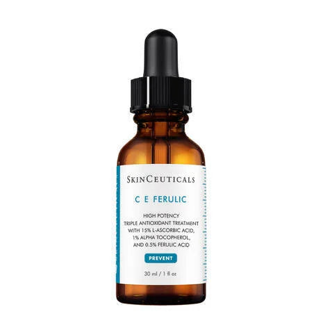 SkinCeuticals C E Ferulic Vitamin C Serum is a high potency serum with a combination of powerful antioxidants to protect skin against atmospheric ageing.
15% pure vitamin C (L-ascorbic acid), 1% vitamin E (alpha tocopherol), and 0.5% ferulic acid work in combination to protect against environmental damage and premature signs of ageing caused by free radical damage from UV rays, infrared radiation (IRA), and ozone pollution (O3).