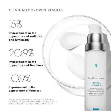 Metacell Renewal B3 is an anti-ageing skin tightening cream specifically designed to improve signs of photoageing. Contains: niacinamide (vitamin B3) to reduce skin discolouration and strengthen the skin’s moisture barrier, a tri-peptide concentrate to improve skin firmness and reduce the appearance of fine lines, and glycerin to hydrate the skin.