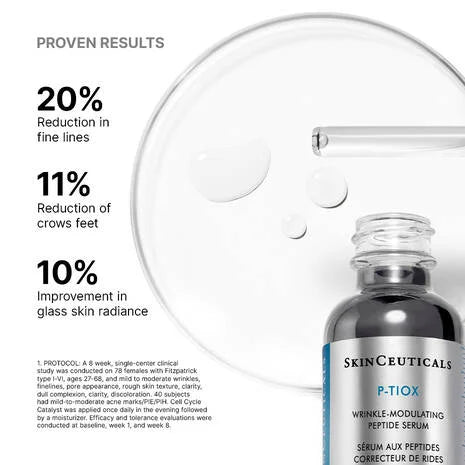 SkinCeuticals P-TIOX Peptide Serum is an advanced peptide anti-wrinkle serum scientifically proven to reduce the appearance of 9 types of wrinkles by up to 20%. This wrinkle modulating serum is formulated with an advanced peptide complex of hexapeptide and dipeptide, to reduce the appearance of key contraction lines.