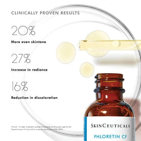 SkinCeuticals Phloretin CF Vitamin C Serum contains an array of skincare ingredients that all work in combination to deliver exceptional results.
The ingredients, including 2% phloretin, 10% pure vitamin C (L-ascorbic acid), and 0.5% ferulic acid are proven to target atmospheric ageing, visibly reduce environmental damage to skin and premature signs of ageing.