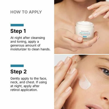 SkinCeuticals Renew Overnight Dry Hydrating Moisturiser is an overnight facial moisturiser specially formulated to work overnight, so make it a part of your night time skin routine.
Ideal for normal skin or dry skin, this night time skin-refining moisturiser contains a fruit acid blend to gently exfoliate skin. Formulated with extracts of aloe, chamomile, evening primrose oil, and comfrey, Renew Overnight Dry helps restore a more radiant complexion and diminish the appearance of fine lines, and wrinkles.