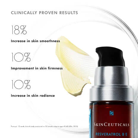 SkinCeuticals Resveratrol B E Antioxidant Night Serum is a powerful night serum that contains the unique combination of 1.0% resveratrol, 0.5% baicalin, and 1.0% pure vitamin E (alpha tocopherol). Developed for ageing, dry, combination, and sensitive skin, this concentrated anti-ageing treatment restores radiance to skin.