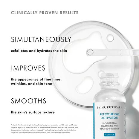 SkinCeuticals Retexturing Activator Exfoliating Serum is a dual action exfoliating serum that removes dead skin cells from the surface, to visibly reduce fine lines, hyperpigmentation and blemishes. It also hydrates and reinforces the skin’s moisture barrier with hyaluronic acid. Combining these two key mechanisms – exfoliating and hydrating – encourages optimal skin cell renewal.