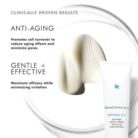 SkinCeuticals Retinol 0.3 Anti-Ageing Night Cream is recommended for first-time retinol users. This retinol night cream features 0.3% pure retinol, delivered in a stable format using our latest technology. Formulated with soothing bisabolol to minimise irritation and specially packaged to preserve potency, this retinol face cream helps improve the appearance of fine lines, wrinkles, discolouration, blemishes, and pores.