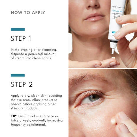 SkinCeuticals Retinol 1.0 Anti-Ageing Night Cream is only intended for those who already have experience with Retinol 0.5. Retinol 1.0 is a very high strength retinol product, and should only be used in the evening. To avoid irritating the skin, use a lipid-rich moisturiser after application of the 1.0 retinol to seal in moisture.