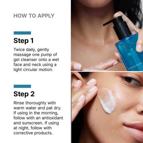 SkinCeuticals Simply Clean Gel Cleanser is a powerful makeup-removing cleanser formulated with an amino acid surfactant system and a 6% concentration combining sulfonic acid (HEPES), glycerin, chamomile and aloe extracts, orange oil, and citric acid to gently exfoliate uneven or rough skin.