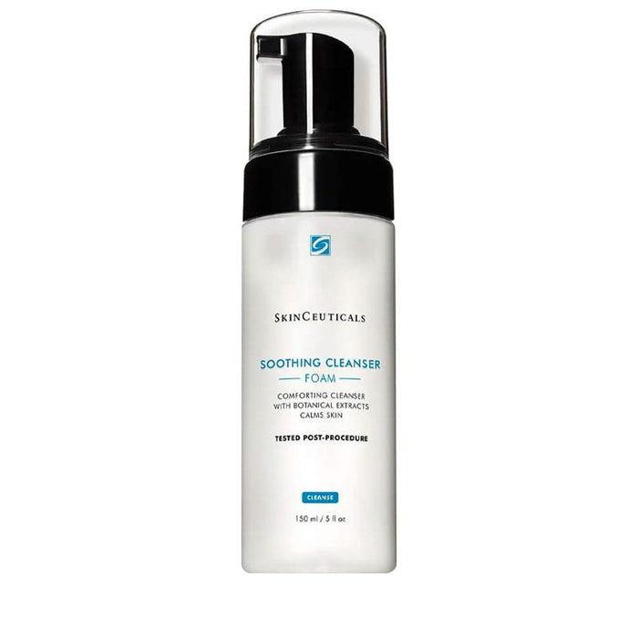 SkinCeuticals Soothing Cleanser is a soap-free cleanser that is formulated with a rich amilite surfactant and a 23% concentration combining sorbitol, glycerin, orchis mascula extract, and cucumber extract to gently remove impurities while supporting sensitive, compromised, or post-aesthetic procedure skin.
This foaming face wash is a dense cleansing foam that transforms on contact into a comforting emulsion to provide a mild yet effective clean.