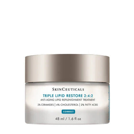 SkinCeuticals Triple Lipid Restore 2:4:2 is an anti-ageing cream for dry skin formulated in an optimised concentration of lipids: 2% pure ceramides, 4% natural cholesterol, and 2% fatty acids.
This unique anti-ageing face cream contains a 2:4:2 cholesterol-dominant ratio to help restore the external moisture barrier of the skin and support natural self-repair, while potently nourishing ageing skin for improvement in visible signs of accelerated ageing.
