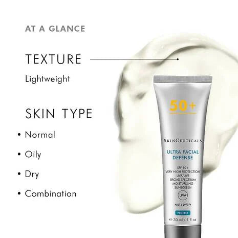SkinCeuticals Ultra Facial Defense Sunscreen SPF 50+ protects skin from UVA/UVB rays known to cause damage and premature ageing. This SPF 50+ for face provides very high sunscreen protection. Our UV filters work synergistically to prevent photo-damage - a skin alternation caused as a result of prolonged exposure to sun.
Ideal for all skin types, the uniquely ultra-light moisturising texture provides 24 hour hydration.