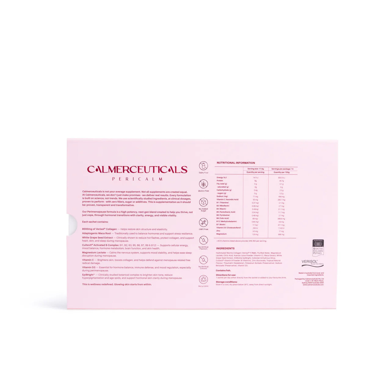 Calmerceuticals Sale. Calmerceuticals PeriCalm Peri Menopause premium liquid collagen peptides. Contains VERISOL® Marine Collagen