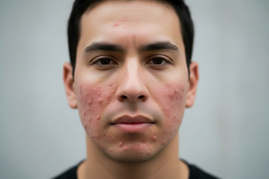 Dry, dehydrated acne-prone facial skin with redness and breakouts. How to treat acne. 