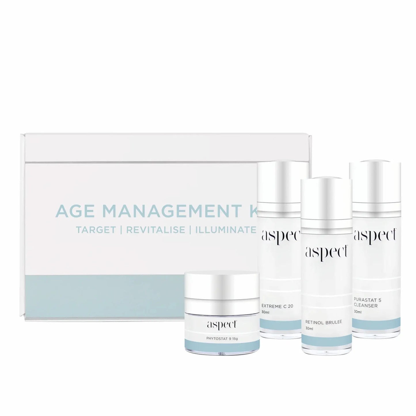 Aspect Age Management Kit featuring Purastat 5, Extreme C 20, Retinol Brulee and Phytostat 9 arranged together as a complete anti-ageing skincare routine.
