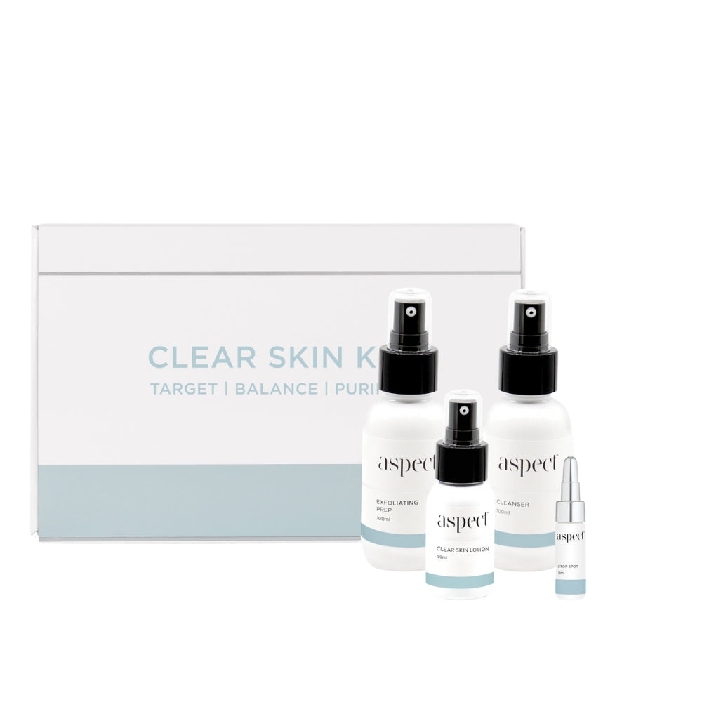 Aspect Clear Skin Kit featuring Clear Skin Cleanser, Clear Skin Exfoliating Prep, Clear Skin Lotion and Stop Spot arranged together for oily and breakout-prone skin.