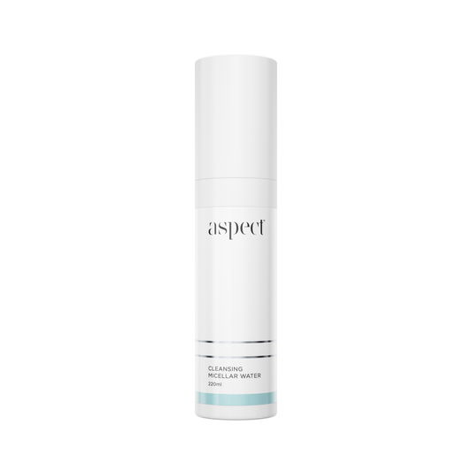 Aspect Cleansing Micellar Water 220ml bottle, gentle no-rinse cleanser designed to remove makeup, oil and impurities while hydrating sensitive skin.