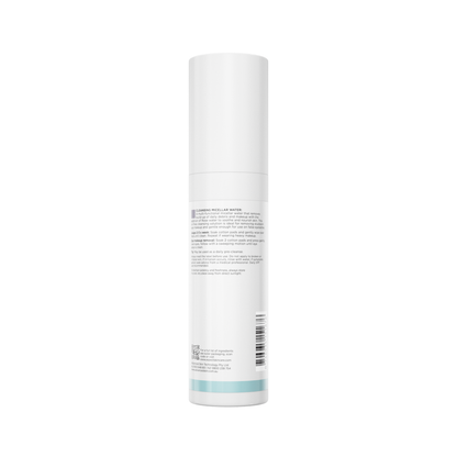 Back view of Aspect Cleansing Micellar Water 220ml bottle showing ingredients and directions for the hydrating, soothing micellar cleansing formula.