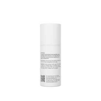 Back label of Aspect DR Active C Serum 30ml showing directions and product details for professional Vitamin C skincare.