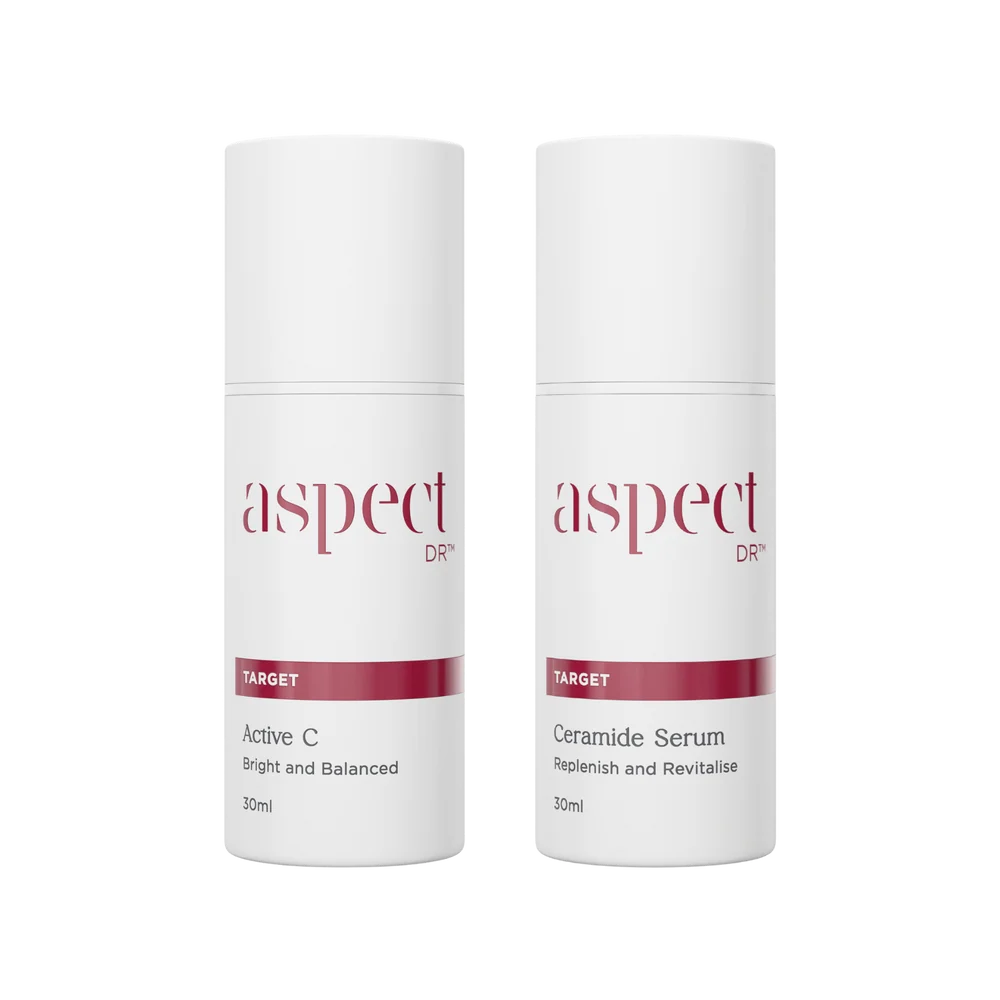 Aspect DR Advanced Anti-Ageing Duo featuring Aspect DR Active C 30ml and Aspect DR Ceramide Serum 30ml with antioxidant Vitamin C, peptides and barrier-replenishing ceramides for firmer, radiant skin.