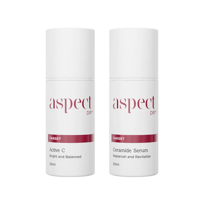 Aspect DR Advanced Anti-Ageing Duo featuring Aspect DR Active C 30ml and Aspect DR Ceramide Serum 30ml with antioxidant Vitamin C, peptides and barrier-replenishing ceramides for firmer, radiant skin.