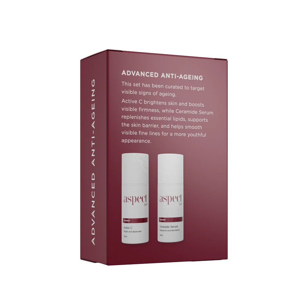 Aspect DR Advanced Anti-Ageing Duo combining Aspect DR Active C antioxidant serum and Aspect DR Ceramide Serum to improve skin elasticity, replenish moisture and visibly smooth signs of ageing.