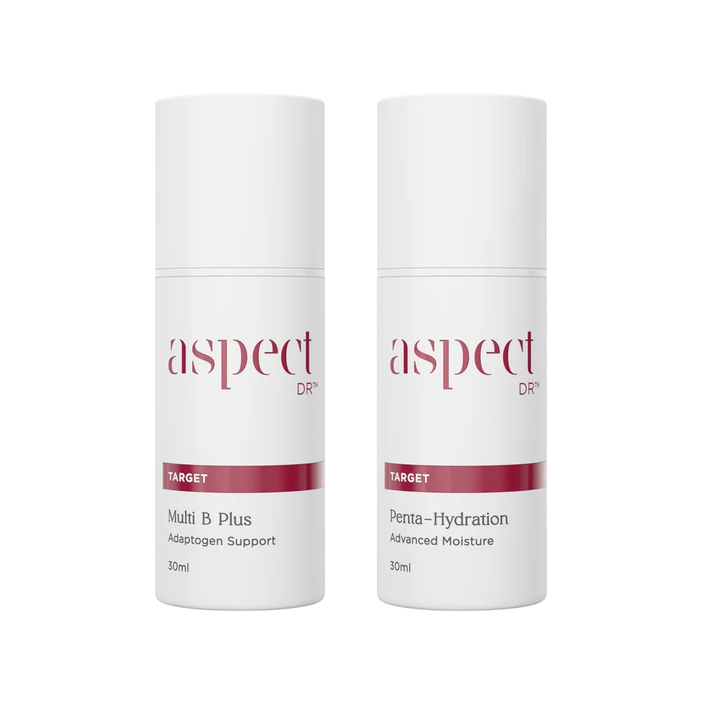 Aspect DR Advanced Hydration Duo featuring Aspect DR Multi B Plus 30ml and Aspect DR Penta-Hydration 30ml with Vitamin B, Hyaluronic Acid and prebiotics for plumper, hydrated skin.