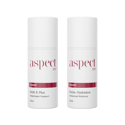 Aspect DR Advanced Hydration Duo featuring Aspect DR Multi B Plus 30ml and Aspect DR Penta-Hydration 30ml with Vitamin B, Hyaluronic Acid and prebiotics for plumper, hydrated skin.