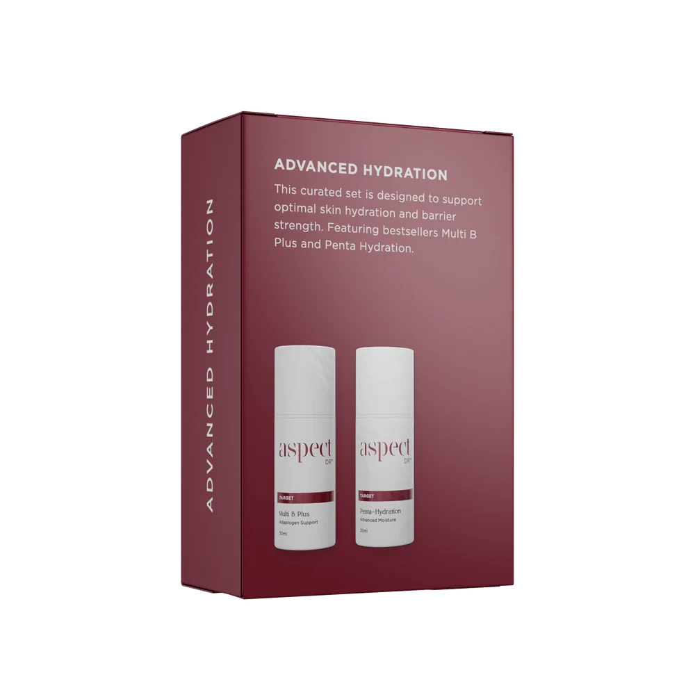 Aspect DR Advanced Hydration Duo combining Vitamin B adaptogens and advanced five-way hydration technology to improve skin resilience, moisture retention and suppleness.