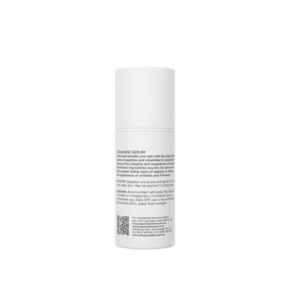 Back label of Aspect DR Ceramide Serum 30ml showing directions and product information for barrier repair serum.