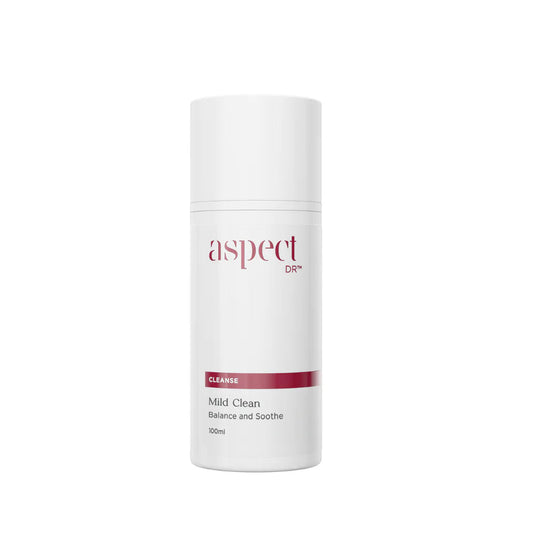 Aspect Dr Mild Clean gentle foaming cleanser 100ml bottle featuring sleek white packaging, formulated with Canadian Willowherb™ to calm and hydrate sensitive skin.