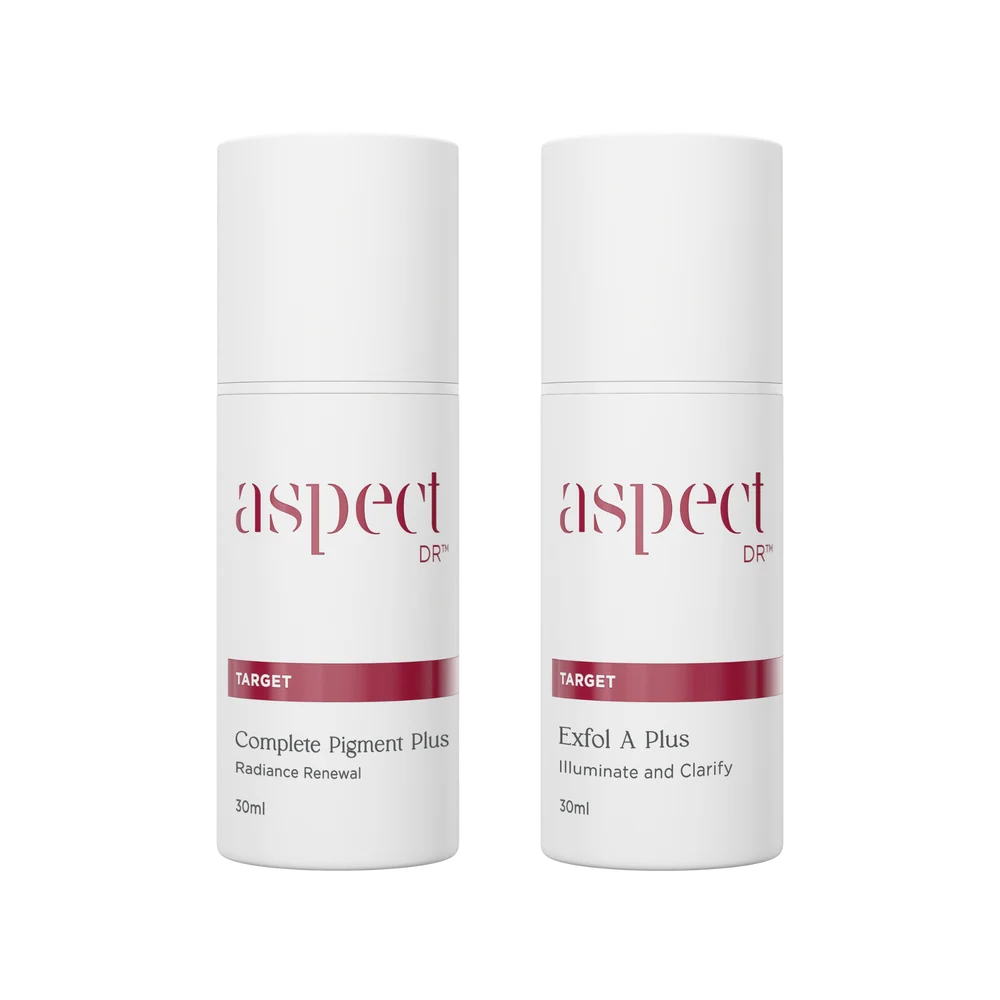 Aspect DR Pigmentation Correction Duo featuring Aspect DR Complete Pigment Plus 30ml and Aspect DR Exfol A Plus 30ml with Niacinamide, Lactic Acid and Retinol for brighter, smoother skin.