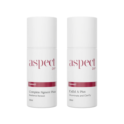 Aspect DR Pigmentation Correction Duo featuring Aspect DR Complete Pigment Plus 30ml and Aspect DR Exfol A Plus 30ml with Niacinamide, Lactic Acid and Retinol for brighter, smoother skin.