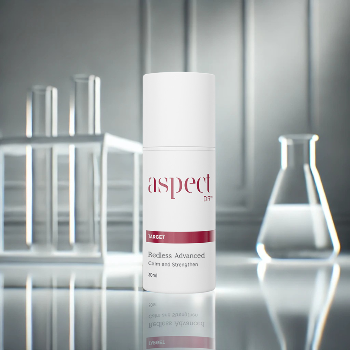 Styled image of Aspect DR Redless Advanced 30ml with antioxidant botanicals and essential lipids to calm redness and strengthen skin.