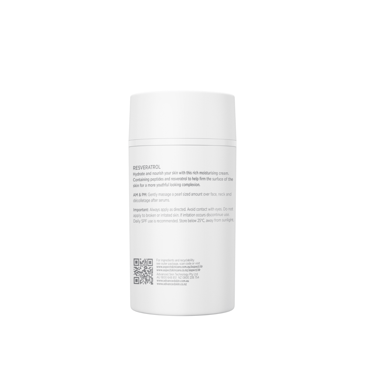 Back label of Aspect DR Resveratrol Moisturising Cream 50g showing usage directions and product information for antioxidant repair cream.