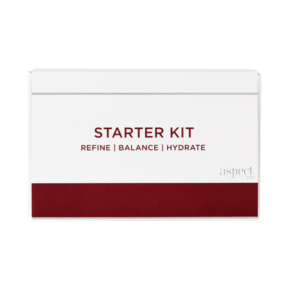 Aspect DR Starter Kit retail box packaging, professional introductory skincare set to cleanse, brighten, resurface and nourish the skin.