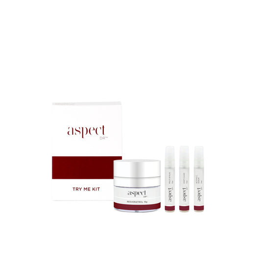 Aspect DR Try Me Kit showing four mini skincare products – Deep Clean, Multi B Plus, Active C and Resveratrol Cream – travel-size starter set for glowing, healthy skin.