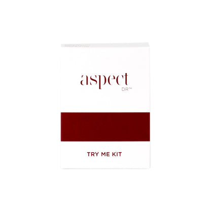 Aspect DR Try Me Kit retail box packaging, professional introduction to Aspect DR clinical skincare system for bright, hydrated and protected skin.