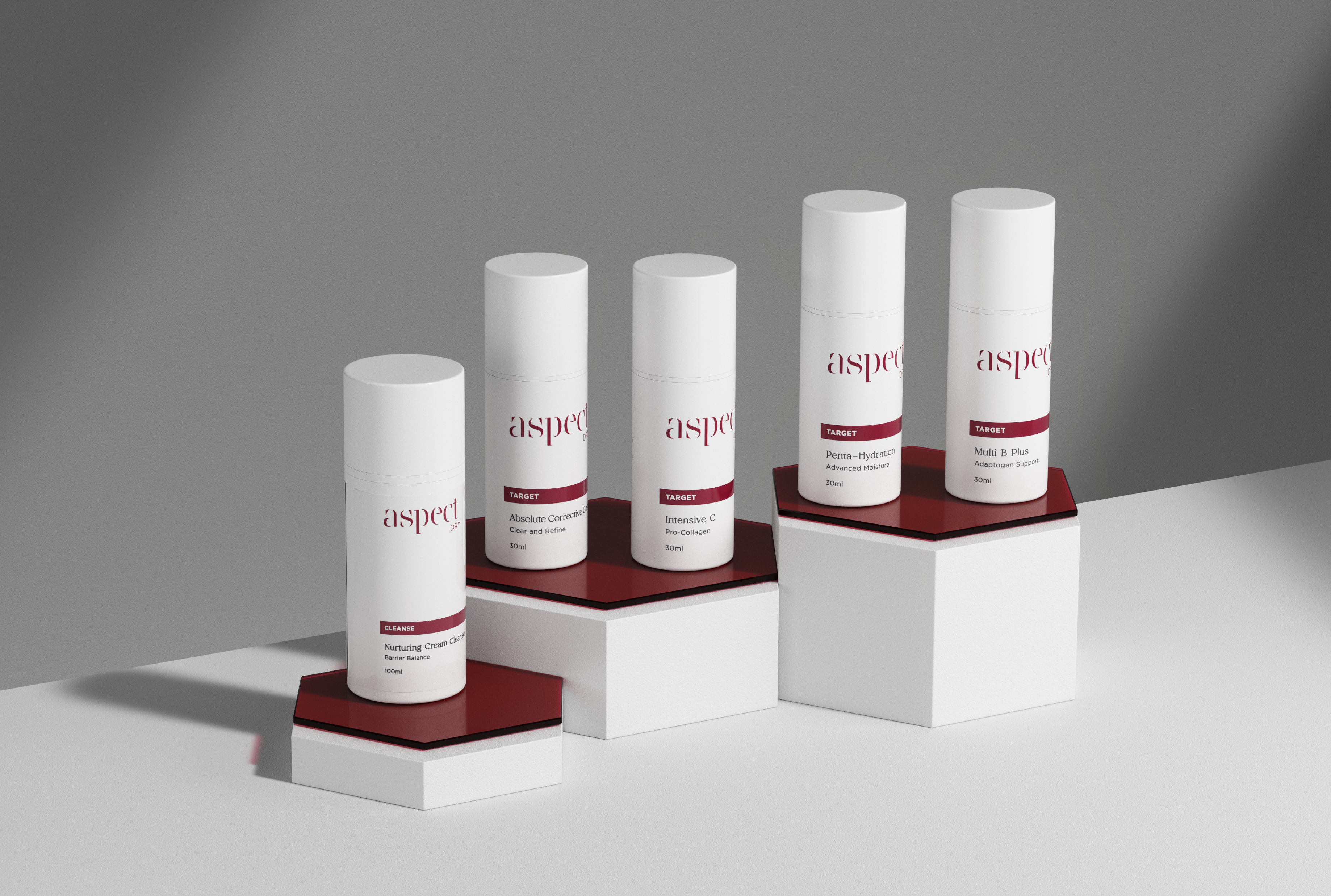 Aspect Dr Range Photo. Includes Aspect Dr Nurtuing Cream Cleanser, Aspect Dr Absolute Corrective Complex, Aspect DrIntensive C Pro Collagen, Aspect Dr Penta-Hydration, Aspect Dr Multi B Plus Serum