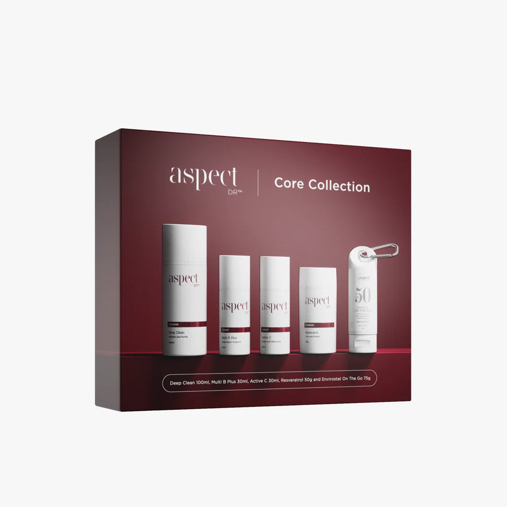 Aspect Dr Sale. Aspect Dr Core Collection Limited Edition Pack contains:100ml Deep Clean
30ml Active C Serum
30ml Multi B serum
50g Resveratrol Moisturising Cream
Envirostat On The Go SPF50 75g