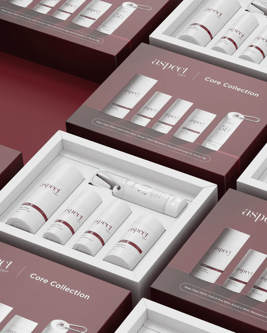 Aspect Dr Sale. Aspect Dr Core Collection Limited Edition Pack contains:100ml Deep Clean
30ml Active C Serum
30ml Multi B serum
50g Resveratrol Moisturising Cream
Envirostat On The Go SPF50 75g