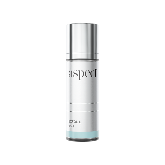 Aspect Exfol L AHA exfoliating serum, formulated with lactic acid and fruit acids to smooth texture, brighten dull skin and refine uneven tone.