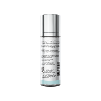 Back view of Aspect Exfol L showing ingredients and directions for the lactic acid and multi-fruit AHA exfoliating night serum.