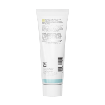 Back view of Aspect Exfoliating Clay Mask showing ingredients and directions for the pore-clearing, oil-absorbing exfoliating clay treatment.