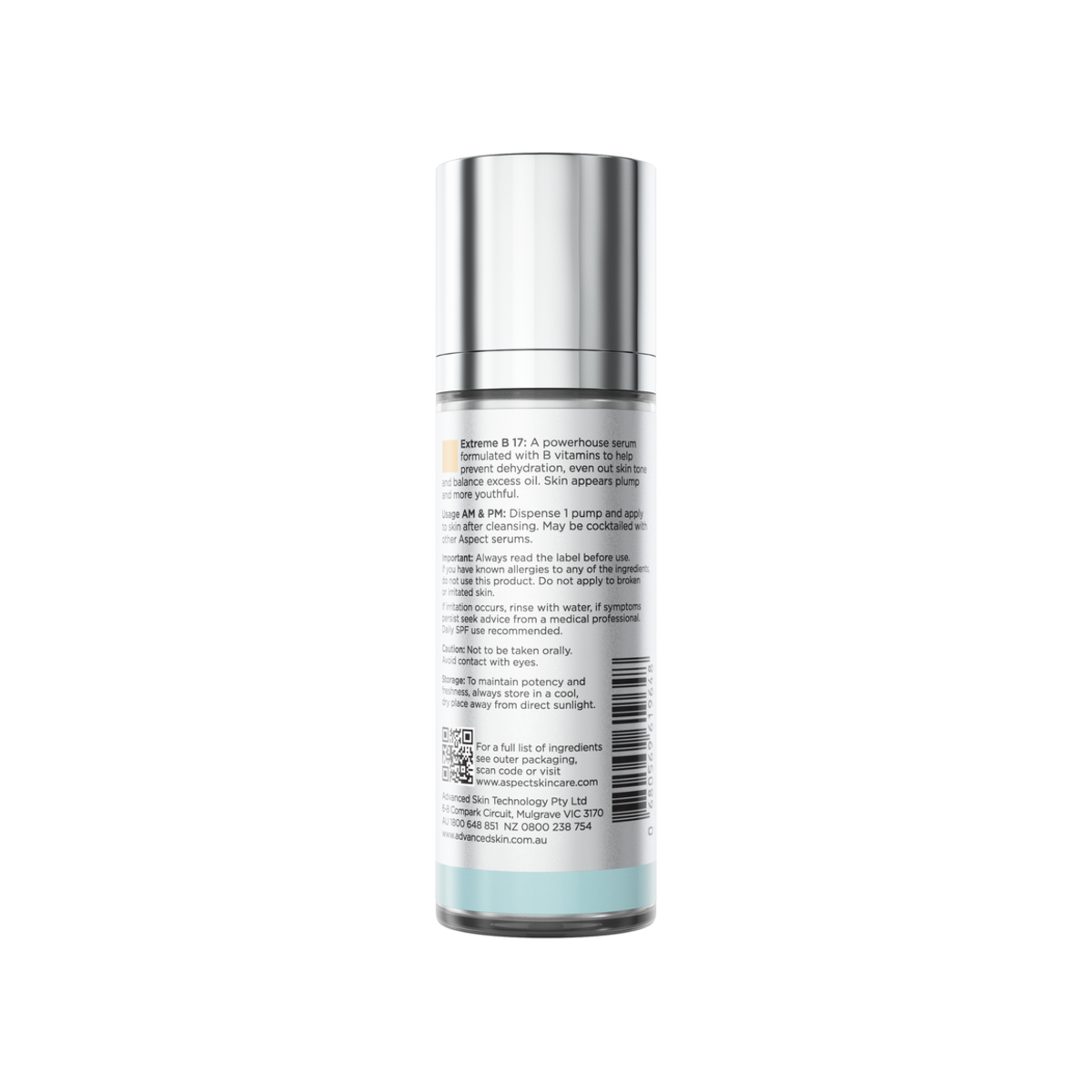 Back view of Aspect Extreme B 17 showing ingredients and directions for the niacinamide-rich antioxidant serum that supports hydration and skin clarity.