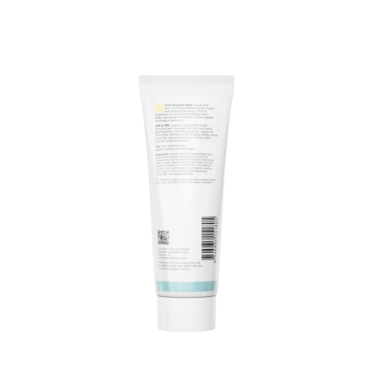 Back view of Aspect Fruit Enzyme Mask 118ml showing ingredients and directions for the gentle enzyme exfoliating mask that smooths and brightens skin.