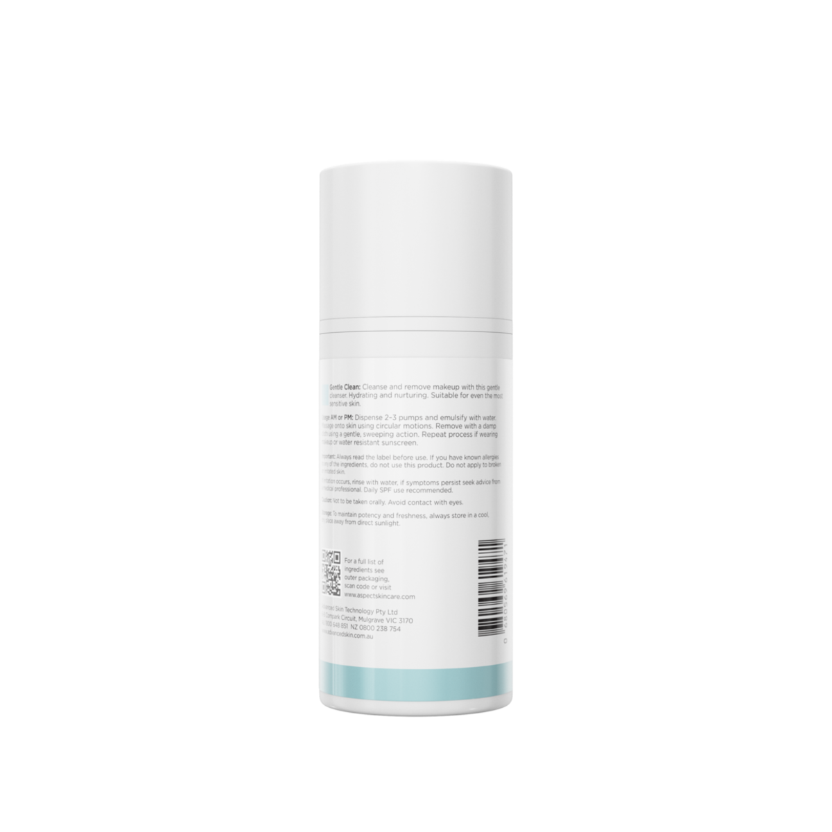 Back view of Aspect Gentle Clean 100ml showing ingredient list and directions for the gentle lactic acid gel cleanser suitable for sensitive and post-treatment skin.