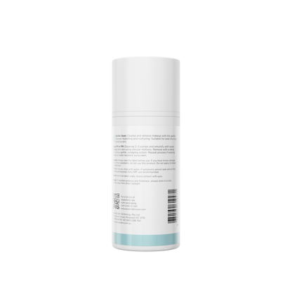 Back view of Aspect Gentle Clean 100ml showing ingredient list and directions for the gentle lactic acid gel cleanser suitable for sensitive and post-treatment skin.