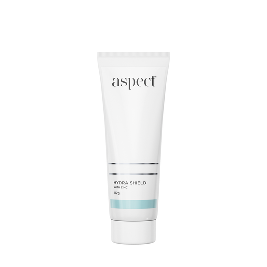 Aspect Hydra Shield lightweight daily moisturiser with zinc oxide, antioxidants and botanical oils to hydrate, calm and protect the skin barrier.