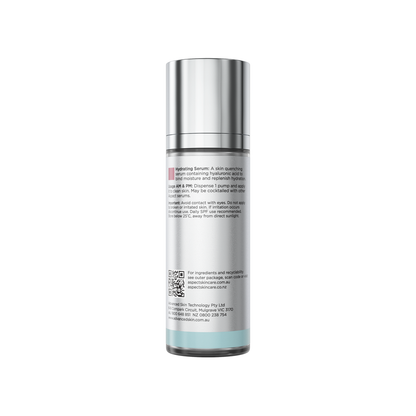 Back view of Aspect Hydrating Serum showing ingredients and directions for the hyaluronic acid and antioxidant formula that replenishes and strengthens the skin barrier.
